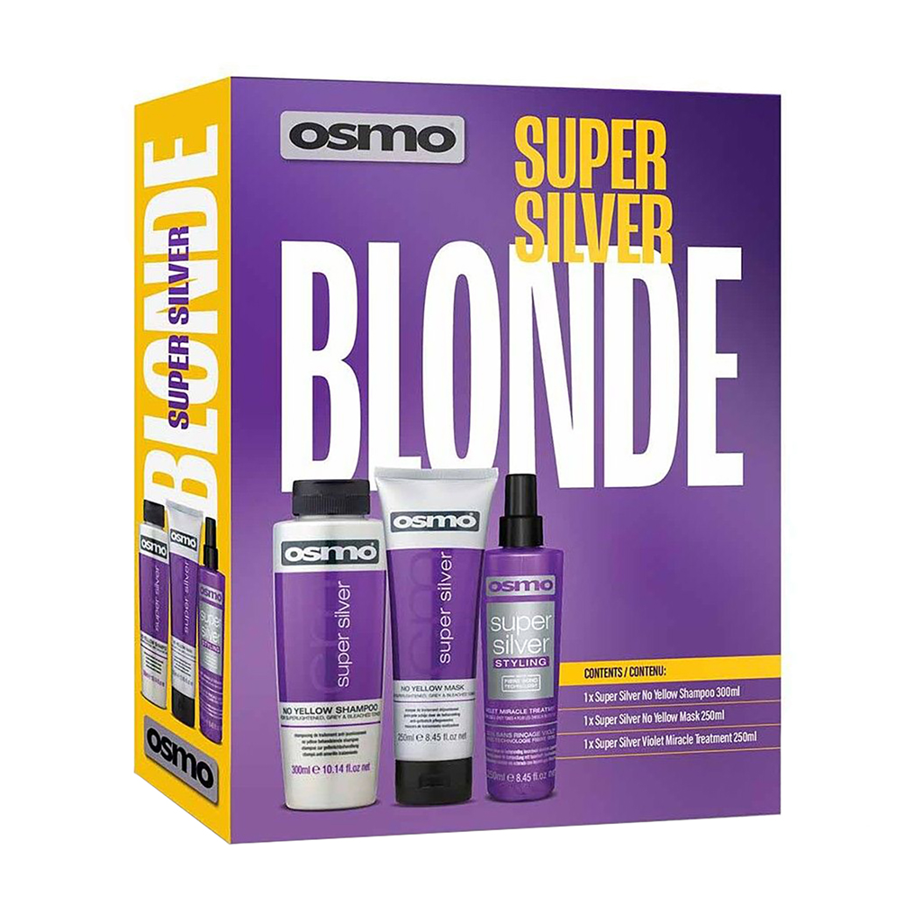 Набір проти жовтизни для освітленого і сивого волосся Osmo Super Silver Blonde (шампунь, 300 мл + спрей, 250 мл + маска, 250 мл)
